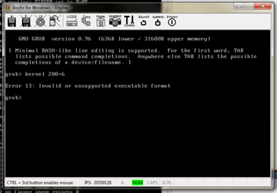 Screen shot of Bochs error and the input I have Bochs