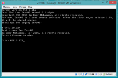 ZeroOS Text Viewer prompts for a text file's filename