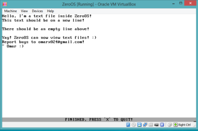 ZeroOS Text Viewer displaying a sample text file HELLO.TXT