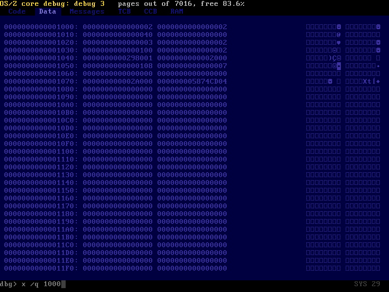 Dumping memory in quadwords