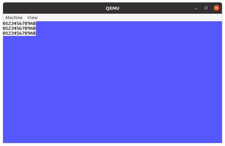 kernel code:<br />void main(void) {<br />clearScreen(0x99);<br />printAt(&quot;0123456789ABCDEFGHIJKLMNOPQRSTUVWXYZ&quot;, 0, 0, 0);<br />printAt(&quot;0123456789ABCDEFGHIJKLMNOPQRSTUVWXYZ&quot;, 0, 0, 0);<br />printAt(&quot;0123456789ABCDEFGHIJKLMNOPQRSTUVWXYZ&quot;, 0, 0, 0);<br />}