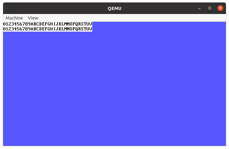 kernel code:<br />void main(void) {<br />clearScreen(0x99);<br />printAt(&quot;0123456789ABCDEFGHIJKLMNOPQRSTUVWXYZ&quot;, 0, 0, 0);<br />printAt(&quot;0123456789ABCDEFGHIJKLMNOPQRSTUVWXYZ&quot;, 0, 0, 0);<br />}