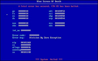 CTA BSOD.JPG (41.19 KiB) Viewed 7771 times I got the GDT, IDT and ISRs working!!! GREAT!!