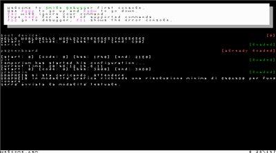 The main screen of the os loaded with some information about the program loaded and some tests on the screen :)