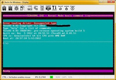 TeraOS 0.03 B5 OSDEV real.jpg (66.03 KiB) Viewed 12562 times Here is build 5 (befor I had a working command line)
